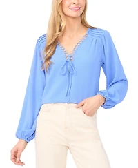 CeCe Women's Circular Trim Pin-Tuck Long Sleeve Blouse