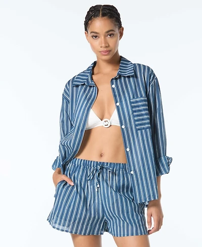 Michael Kors Women's Striped Cover-Up Swim Shirt