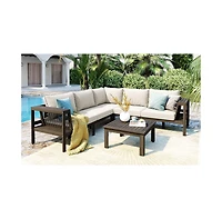 Flynama 4 Piece Outdoor Acacia Wood L Shaped Patio Sofa Set with Coffee Table Woven Mesh Armrests Beige Cushions for Garden Poolside