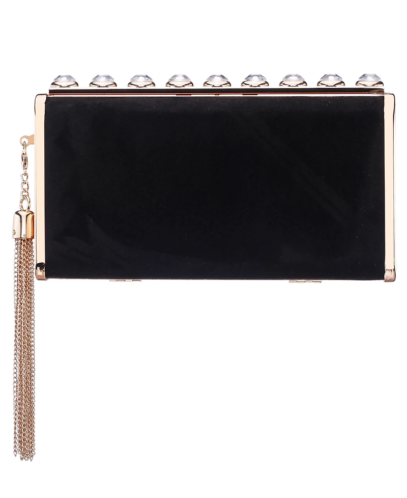 Nina Crystal Ornamented Minaudiere Tassel Lift Lock Clutch