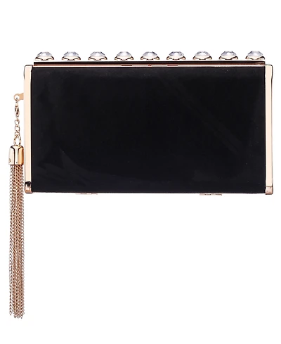 Nina Crystal Ornamented Minaudiere Tassel Lift Lock Clutch