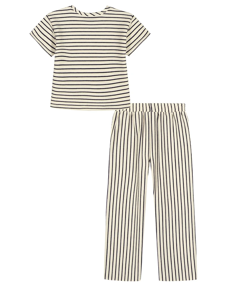 Tommy Hilfiger Girls' Toddler 2T-4T Popcorn Pique Oversized T-Shirt & Striped Wide Leg Pants, 2-Piece Set