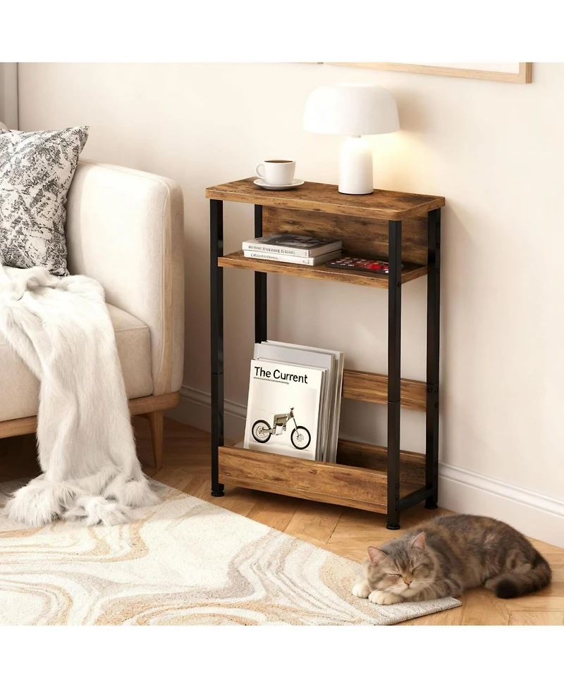 gaomon Tiger Stripe Brown Narrow Side Table, Storage Shelf & Magazine Rack Slim Nightstand for Small Spaces