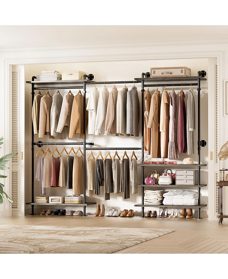 Aheaplus Clothing Rack,Garment Rack With 3 Wood Shelves, Organizer Rack Wall Mounted