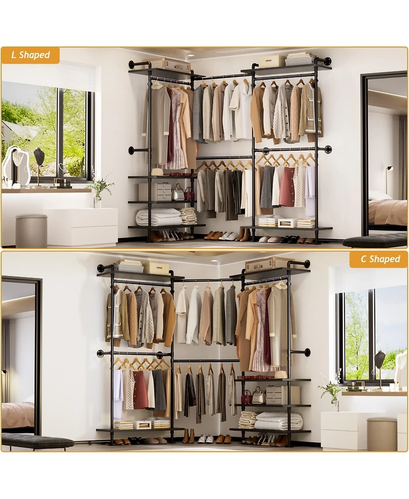 Aheaplus Clothing Rack,Garment Rack With 3 Wood Shelves, Organizer Wall Mounted