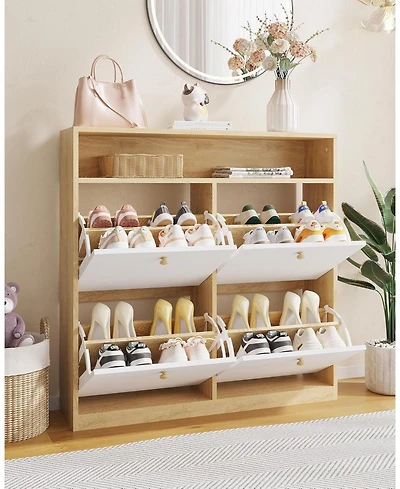 gaomon Narrow Shoe Cabinet with 4 Flip Drawers and Open Shelf, Wooden Freestanding Shoes Organizer with Shelves for Slippers,Sneakers,Heels