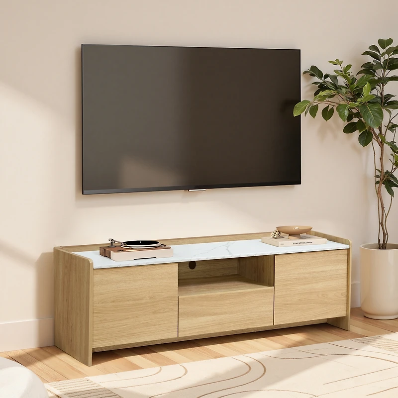 LuxenHome Hazel Oak 62.4” Wide Tv Media Console with 2 Doors & Open Storage, Faux Marble Top, Manufactured Wood