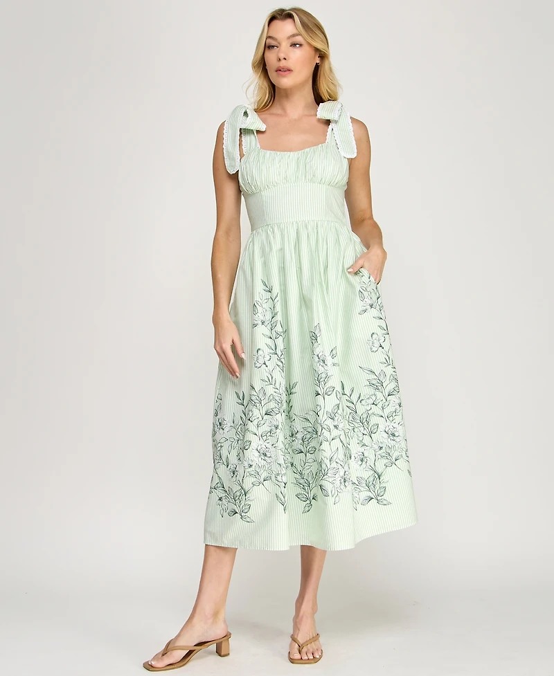 Row A Women's Tie Shoulder Fit & Flare Midi Dress