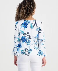 Jm Collection Petite Floral Flare-Sleeve Boat-Neck Top, Created for Macy's