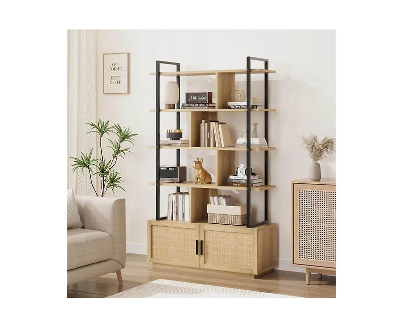 gaomon 5-Tier Rattan Bookshelf with Cabinet, 71.1 Inch Tall Bookcase with Open Display Shelves