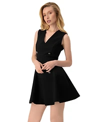 Draft - Ivonne Women's Sleeveless Black Six Button Mini Dress