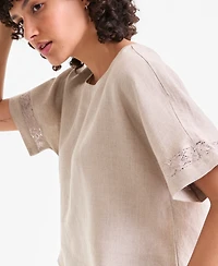 Charter Club Women's 100% Linen Eyelet-Trim Short-Sleeve Top, Macy's Exclusive