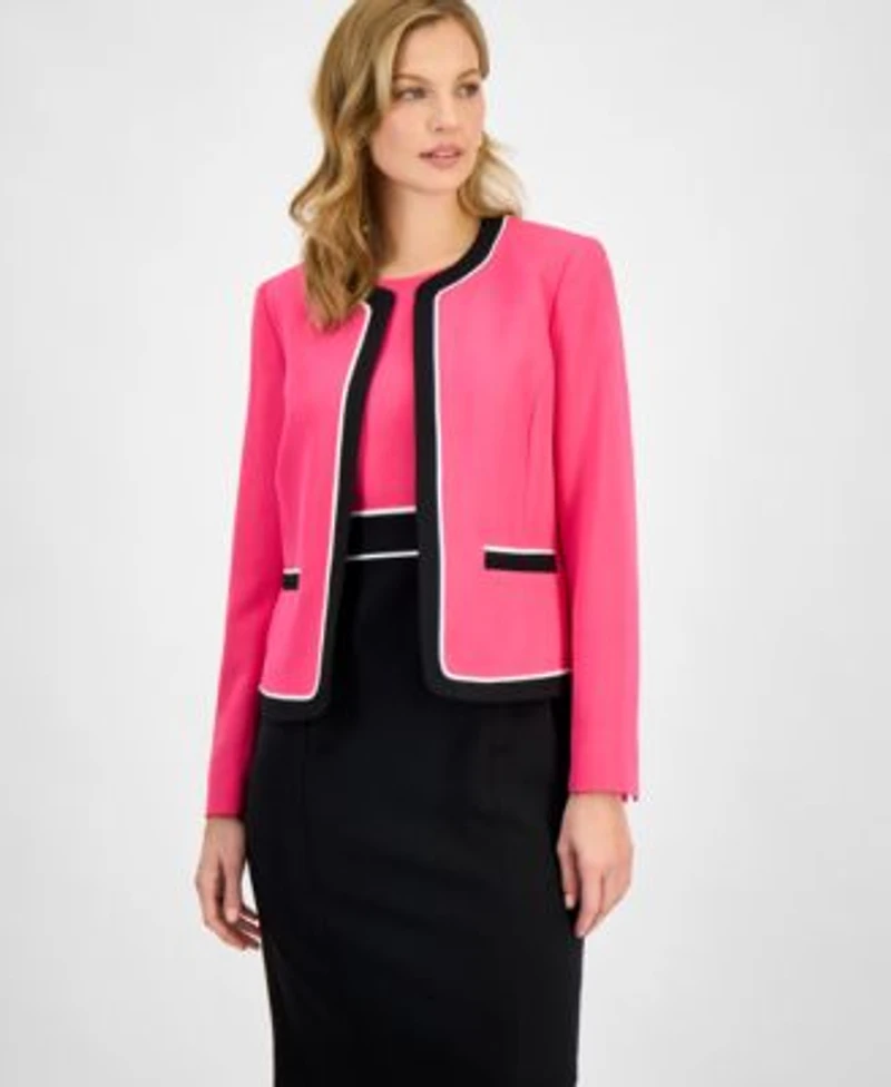 Kasper Womens Contrast Trim Open Front Jacket Colorblock Sheath Dress