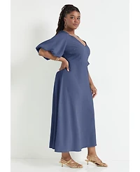 June + Vie Women's Plus Puff-Sleeve Babydoll Maxi Dress
