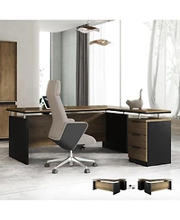 logicfox 63-Inch L-Shaped Compact Desk in Brown with Drawer