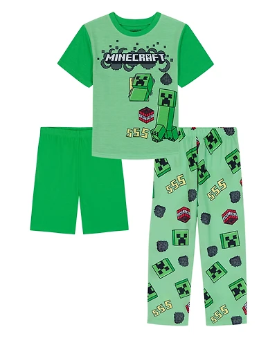Minecraft Boys' 6-12 Graphic Short-Sleeve Top, Short and Pants, 3-Piece Pajama Set