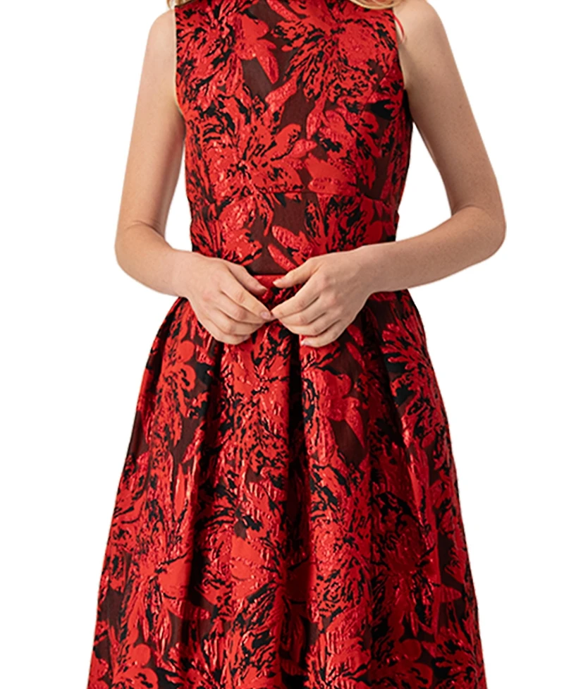 Ivonne Women's Sleeveless Red and Black Jacquard Midi Dress