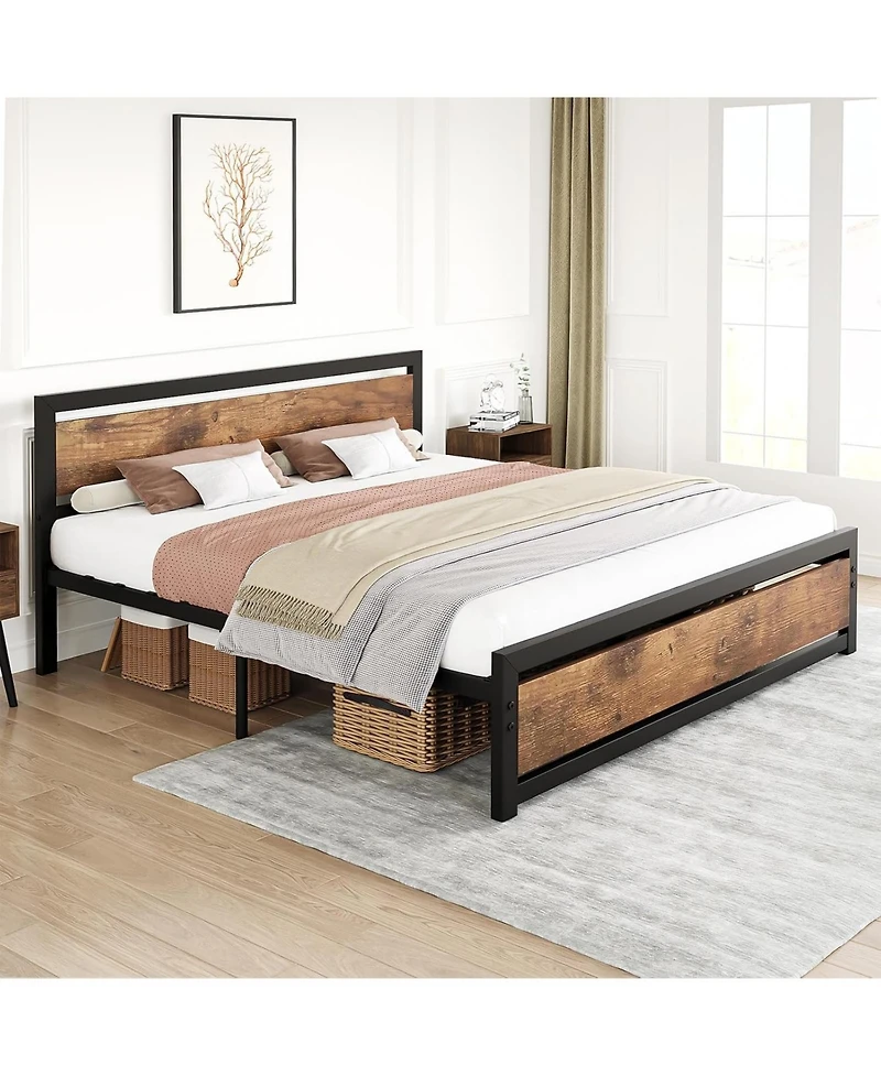 gaomon Queen Industrial Platform Bed Frame with Headboard, Retro Brown Support, No Box Spring, Easy Assembly