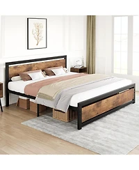 gaomon Queen Industrial Platform Bed Frame with Headboard, Retro Brown Support, No Box Spring, Easy Assembly