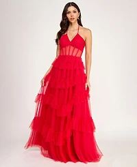 City Studios Juniors' Corset Halter Ruffle Tier Skirt Gown