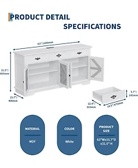 Gaomon white 63" kitchen buffet cabinet with glass display, 3 drawers, charging station, and mesh barn doors.