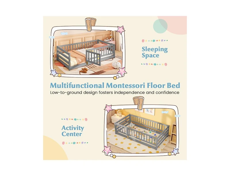 Slickblue Kids Twin Floor Bed with Safety Fence and Playhouse Door - 41