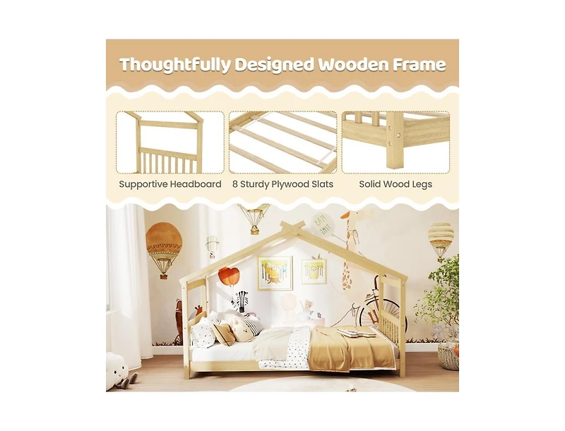 Slickblue Twin Size Wooden House Bed with Roof