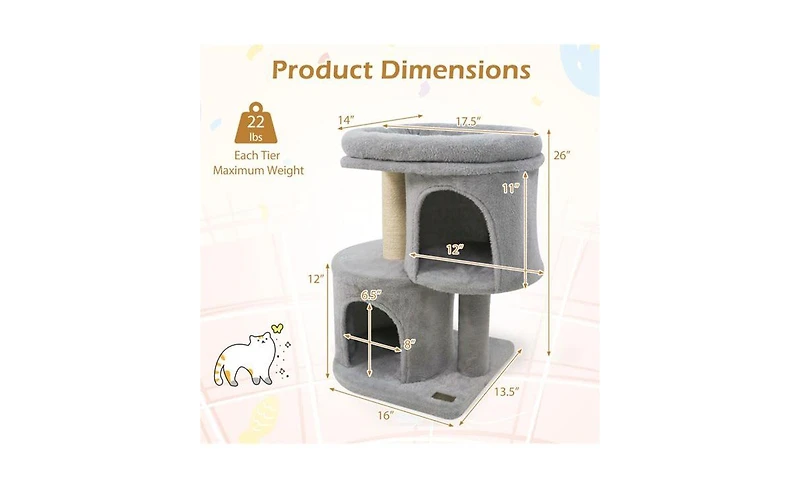 Aostirmotor Space-Saving Cat Tree, 26-Inch Compact Cat Tower with Anti-Tip Design, 2 Condos & Sisal Scratching Posts for Small Spaces