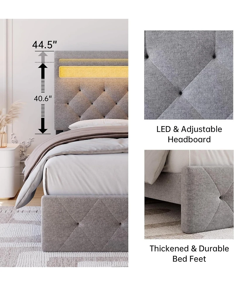 gaomon Full Bed Frame with Charging Station and Led Lights, Upholstered Adjustable Headboard, Wood Slats