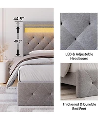 gaomon Full Bed Frame with Charging Station and Led Lights, Upholstered Adjustable Headboard, Wood Slats