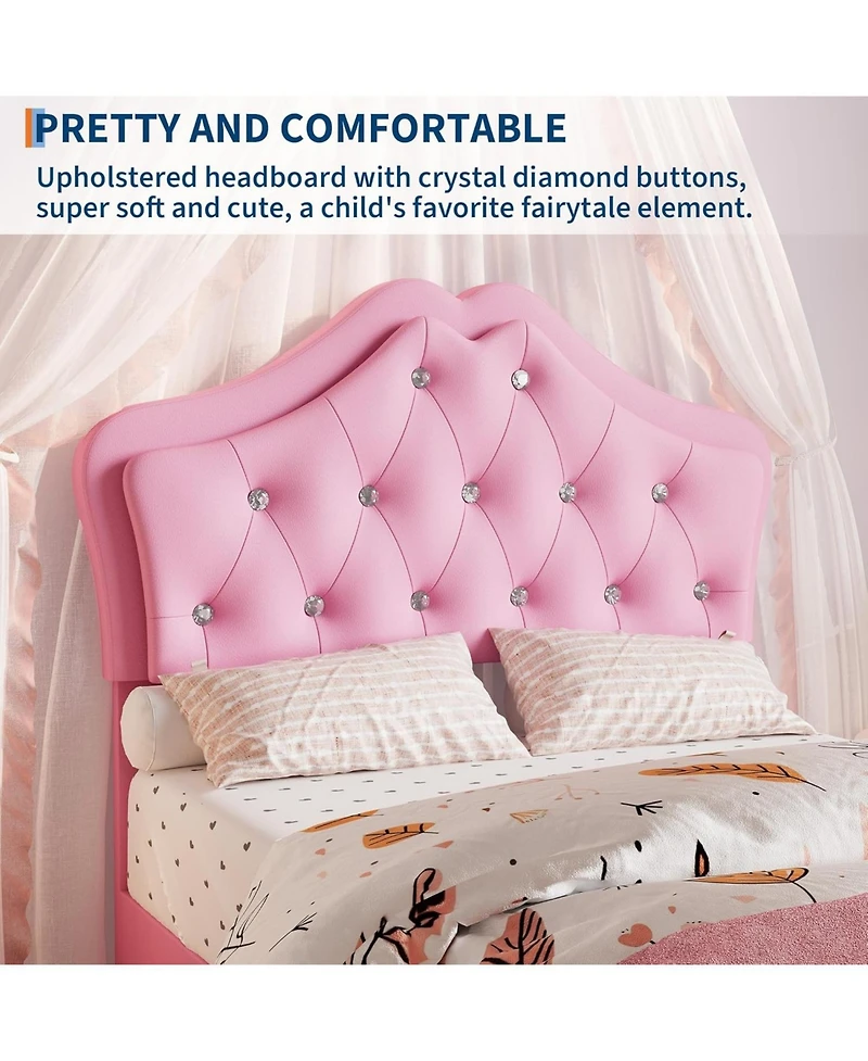 gaomon twin pink upholstered bed with Led lights, drawer, crystal headboard