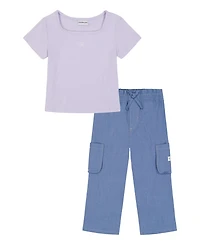 Calvin Klein Girls' 4-6X Square Neck T-Shirt and Wide Leg Denim Pants, 2-Piece Set