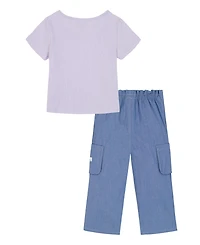 Calvin Klein Girls' Toddler 2T-4T Square Neck T-Shirt and Wide Leg Denim Pants, 2-Piece Set