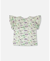 Deux par Girl Jersey T-Shirt Green Printed Flowers