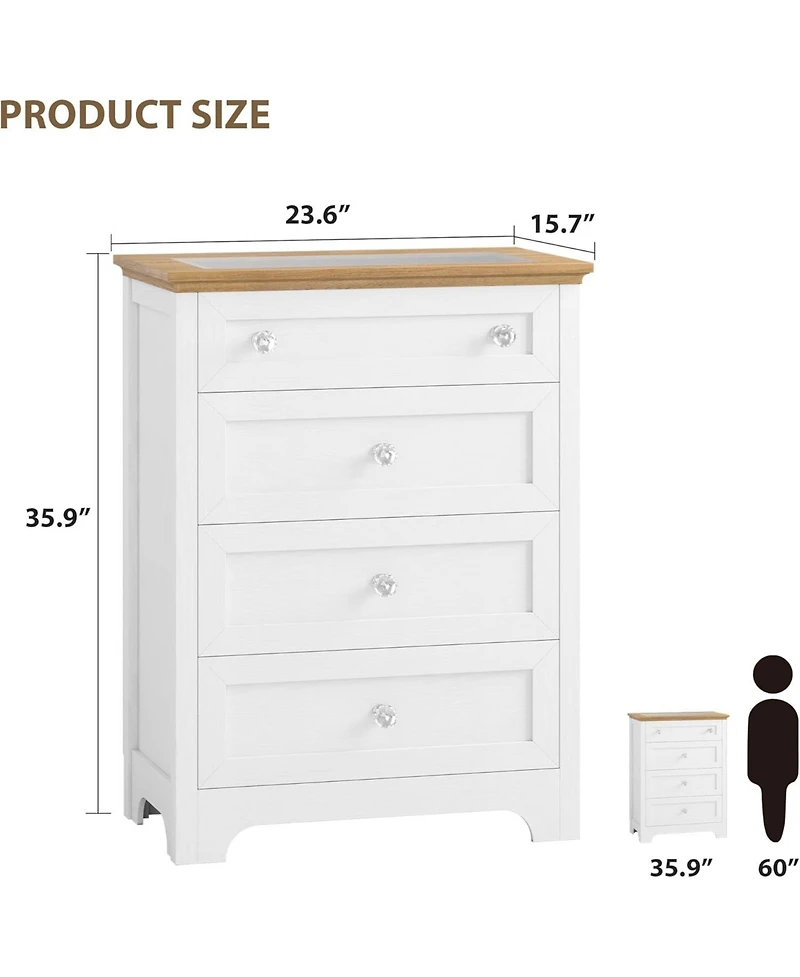 Gaomon White Drawer Dresser with Led Light 4 Drawer Nightstand Cabinet with Night Light, Visible Glass Table Top for Bedroom, Living Room,