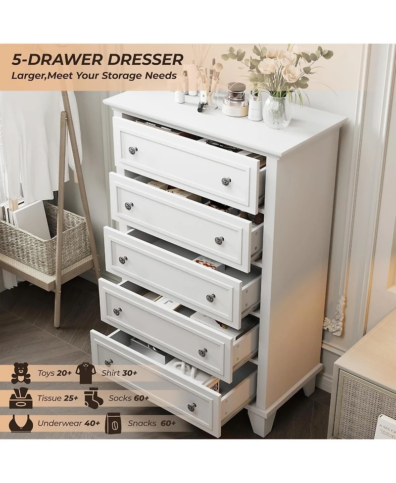 Gaomon White 5-Drawer Wooden Dresser, Storage Chest with Exquisite Metal Handles