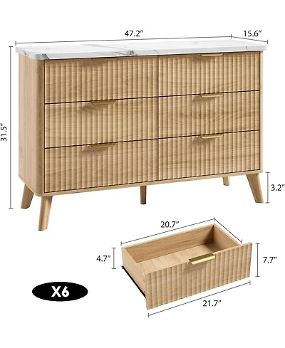 gaomon Modern Fluted 6-Drawer Dresser, Curved Profile with Gold Handles & Spacious Storage