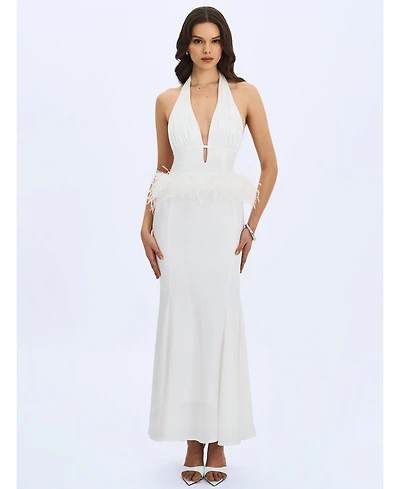 Miss Circle Women Solene Pleated Halter Backless Feather-Trim Maxi Dress