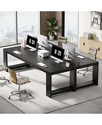 Tribesigns 2 Person Desk, 86.6 Inches Extra Long Double Computer Writing Table, All Wood Large Desks Workstation for Home Office, Natural Oak