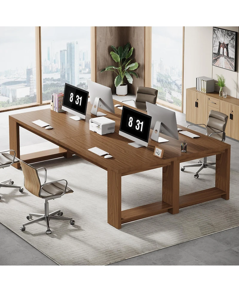 Tribesigns 2 Person Desk, 86.6 Inches Extra Long Double Computer Writing Table, All Wood Large Desks Workstation for Home Office, Natural Oak