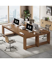 Tribesigns 2 Person Desk, 86.6 Inches Extra Long Double Computer Writing Table, All Wood Large Desks Workstation for Home Office, Natural Oak