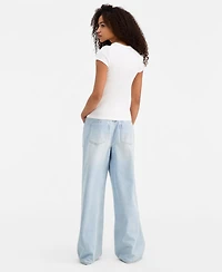 Vanilla Star Juniors' Lace-Trim Destructed Elastic-Back Jeans