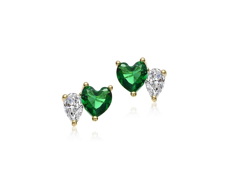 Genevive Sparkling 14K Gold Plated Green & Clear Cz Stud Earrings