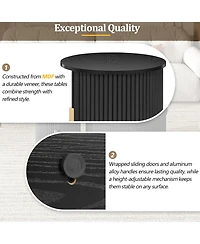 Coffee Table Set with Sliding Tambour Door and Round Fluted End for Living Room
