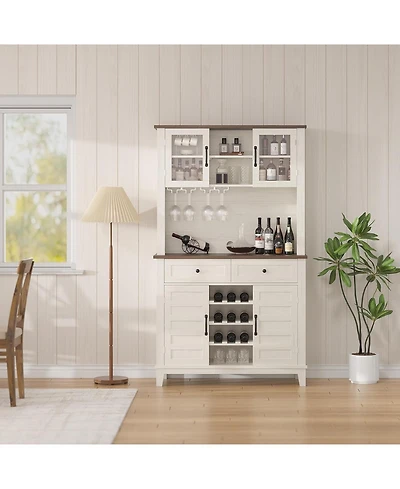 Gaomon 72" Farmhouse Coffee Bar Cabinet with Wine Rack & Glass Holder