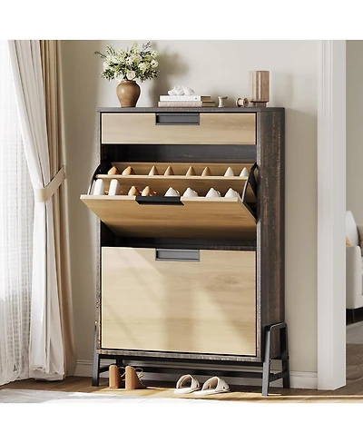 Gaomon Vintage Farmhouse Narrow Shoe Storage Cabinet, 2 Flip Lids 1 Drawer, Adjustable Shelves Entryway Organizer