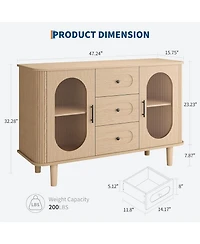 Gaomon 47" Sideboard Buffet Cabinet with Fluted Glass Doors & 3 Drawers