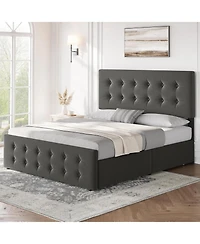 gaomon Full Size Bed Frame with 4 Storage Drawers and Headboard, Linen Upholstered Platform Bed Frame with Wooden Slats Support