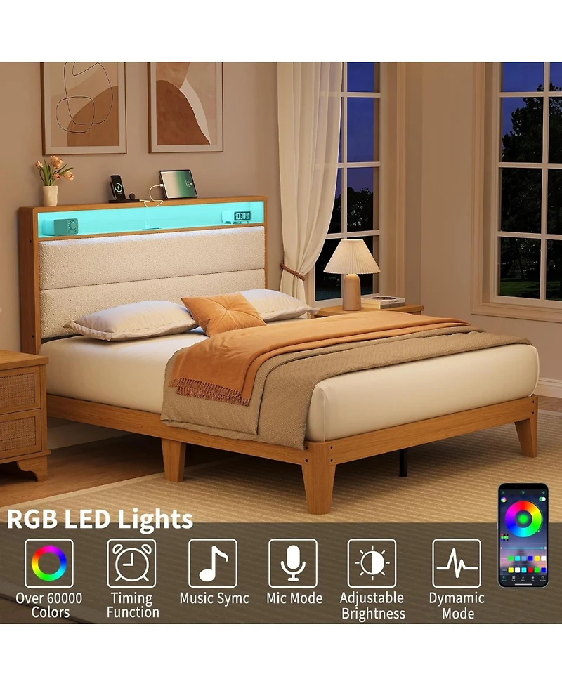 gaomon Boucle Upholstered Bed Frame with Led & Charging Station, Solid Wood Slats, No Box Spring - Full
