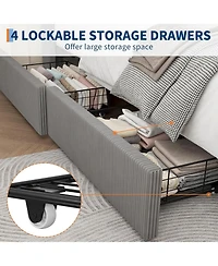 gaomon Queen Bed Frame with 4 Storage Drawers, Corduroy Wingback Headboard, Wood Slats, Noise-Free Platform, Grey